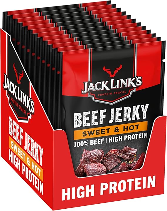 Jack Link's Beef Jerky Sweet & Hot, Box of 12 x 60 g, Dried Meat Snack, High Protein Snacks for Gym, Fitness, Outdoor, Hiking, American Food