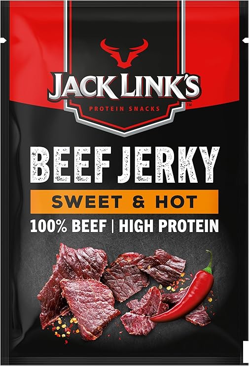 Jack Link's Beef Jerky Sweet & Hot, Box of 12 x 60 g, Dried Meat Snack, High Protein Snacks for Gym, Fitness, Outdoor, Hiking, American Food