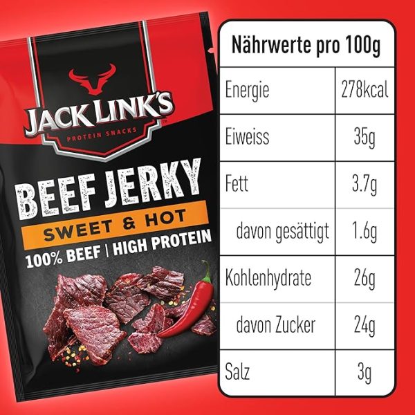 Jack Link's Beef Jerky Sweet & Hot, Box of 12 x 60 g, Dried Meat Snack, High Protein Snacks for Gym, Fitness, Outdoor, Hiking, American Food