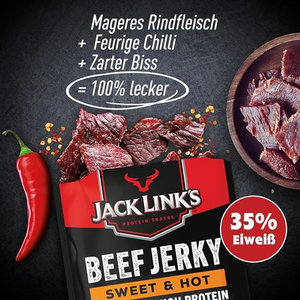Jack Link's Beef Jerky Sweet & Hot, Box of 12 x 60 g, Dried Meat Snack, High Protein Snacks for Gym, Fitness, Outdoor, Hiking, American Food